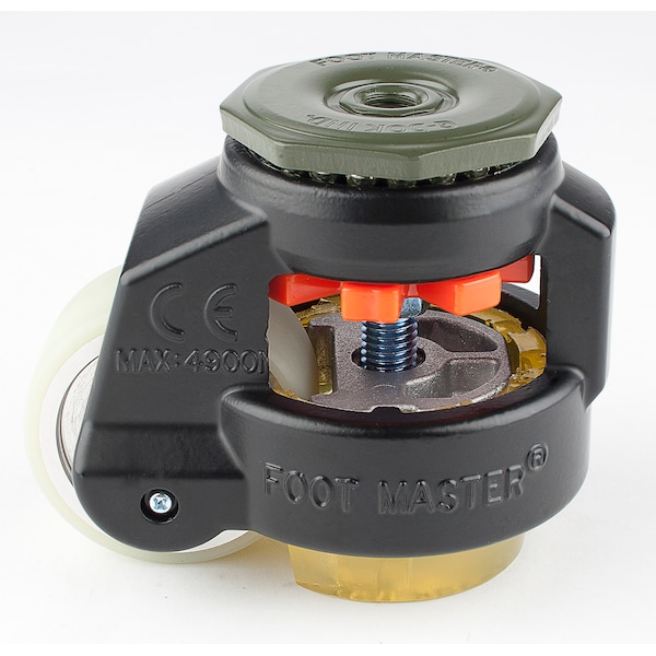 Leveling Caster, 63 mm Polyurethane Wheel, 1/2-13 Stem, Swivel, 550 kg Cap, PU Foot Pad, Black